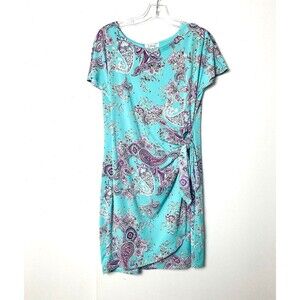 Signature Bobbie Bee Dress Women's Size PM Teal Green Faux Wrap Paisley Bow Tie